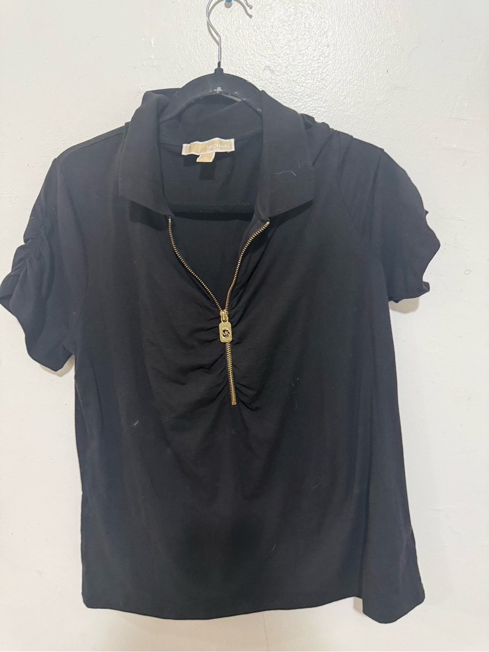 Michael Kors Black Short Sleeve Polo Top with Gold Zip Pull